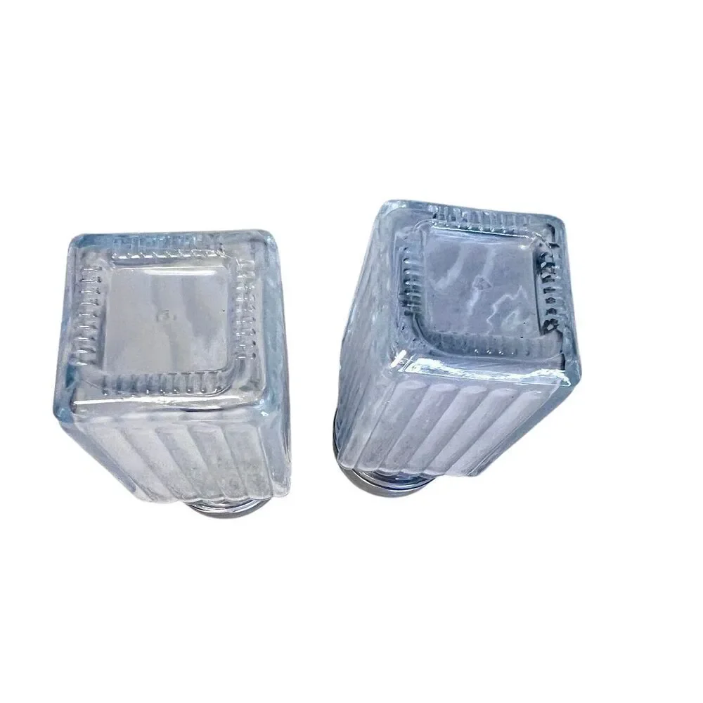 Vintage SQUARE Ribbed Clear Glass SALT and PEPPER Shaker Set - With Metal Lids